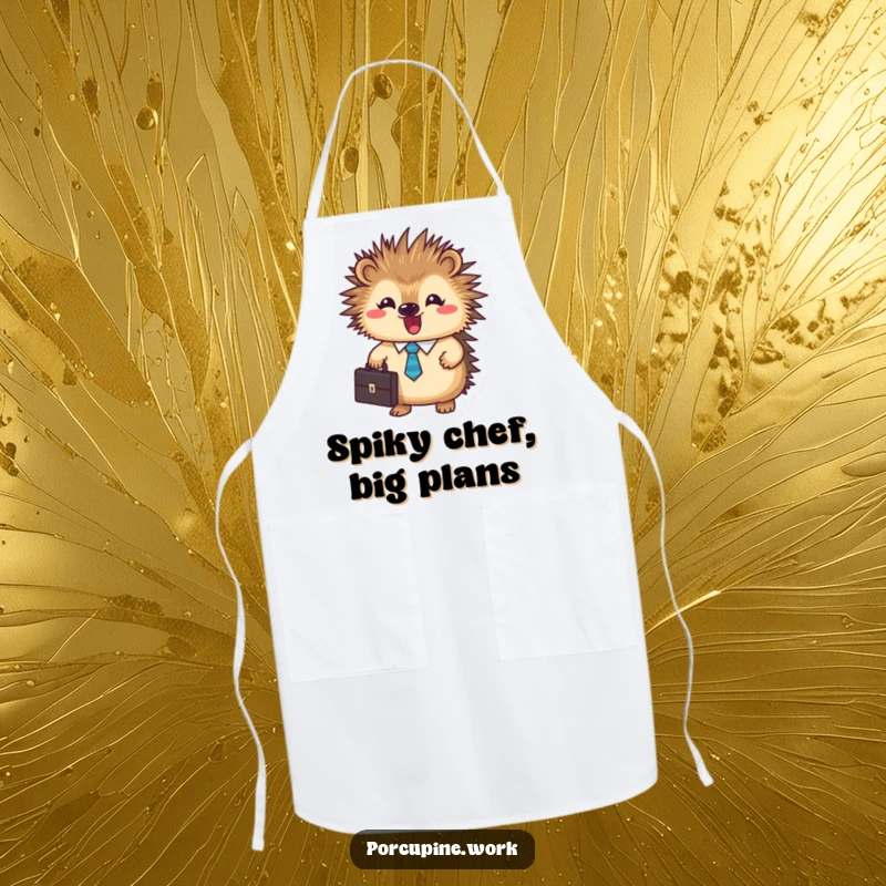 Funny business porcupine apron showing a small, tie-clad porcupine with a briefcase, perfect for a humorous cooking experience.