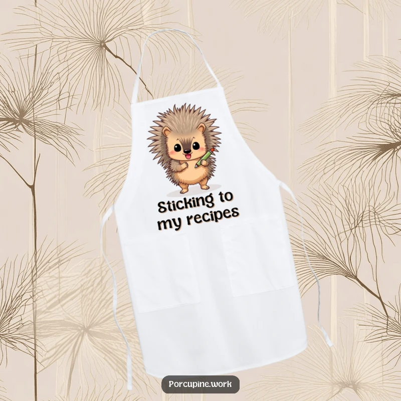 Funny porcupine apron, a cute animal holding a pen and dancing, ideal for kitchen use and BBQ masters.