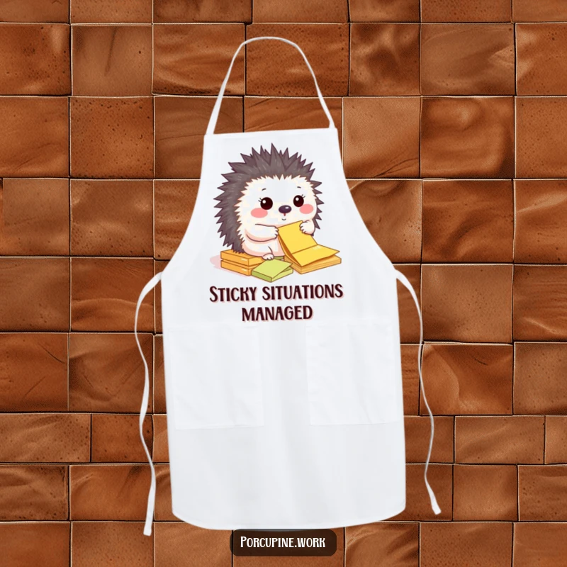 Funny apron with a happy porcupine organizing colorful sticky notes.