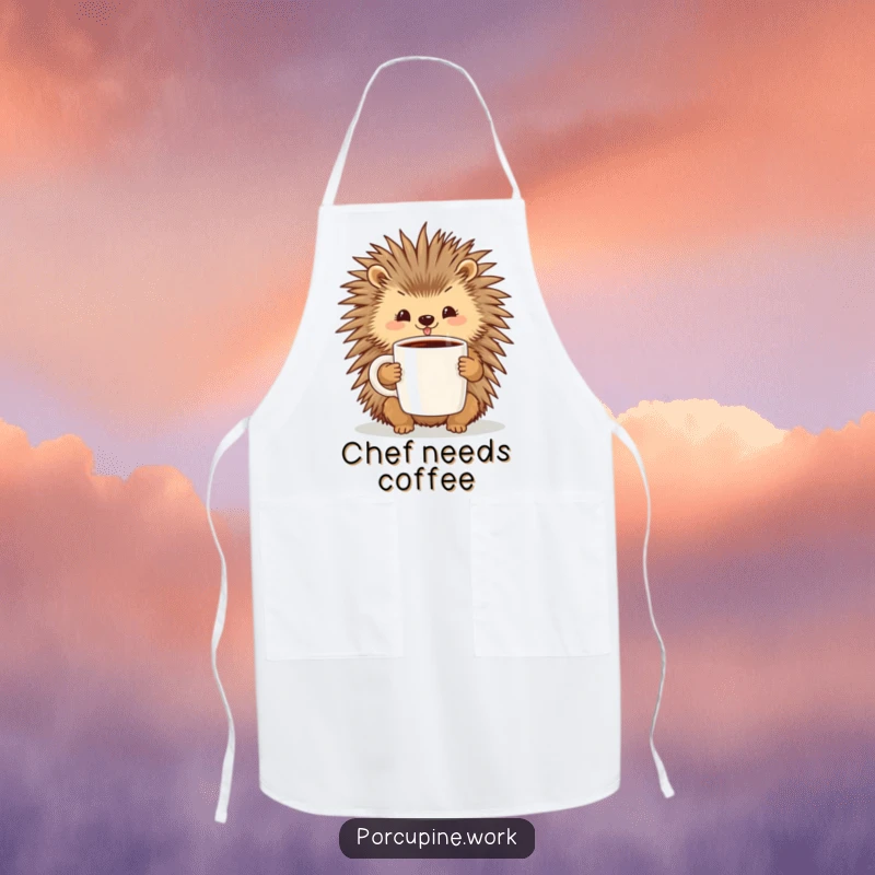 Funny apron featuring a cheerful porcupine holding a large coffee mug, perfect for a joyful and caffeinated cooking experience.