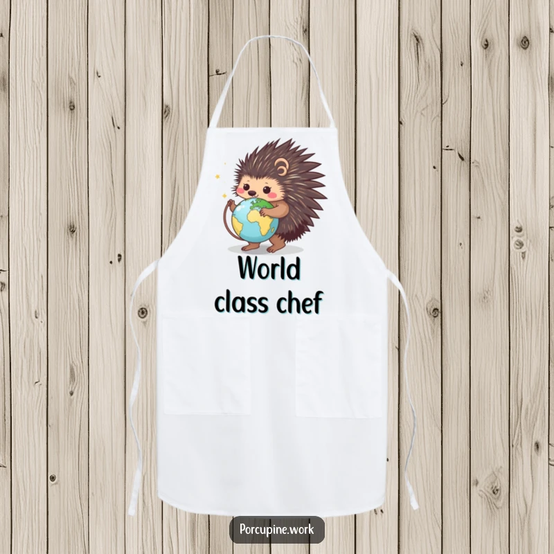 Funny apron featuring a porcupine spinning a globe, blending culinary passion with humorous global exploration.