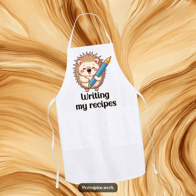 Funny apron featuring a cheerful porcupine holding a large pen, ready to tackle kitchen tasks with humor.