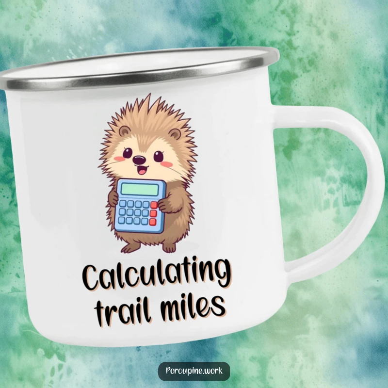 Funny porcupine triumphantly holding a tiny calculator, a humorous and durable enamel camping mug.