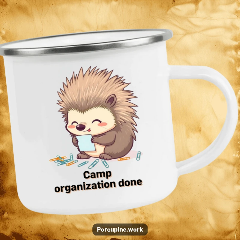 Funny porcupine organizer camping mug showing a porcupine looking pleased while organizing tiny paperclips, perfect for enjoying drinks with a tidy touch.