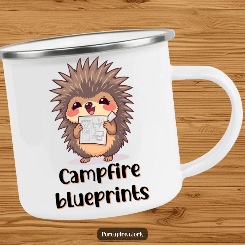 Funny porcupine cheering with a rolled-up blueprint on a durable camping mug, ideal for outdoor planners.