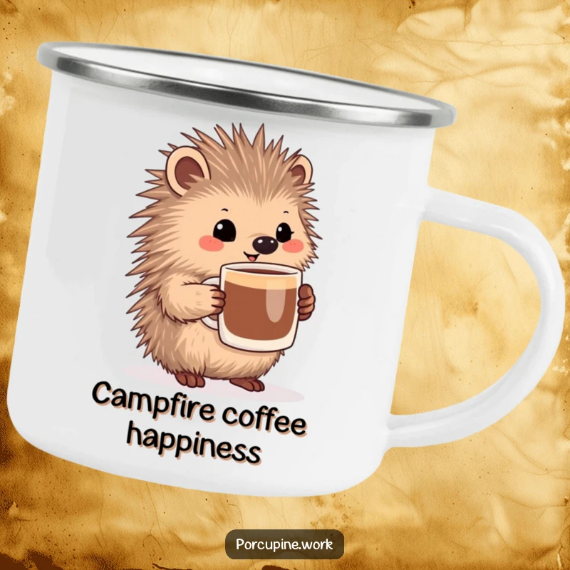 Funny porcupine holding a large coffee mug with a pleased expression, a humorous and durable enamel camping mug.