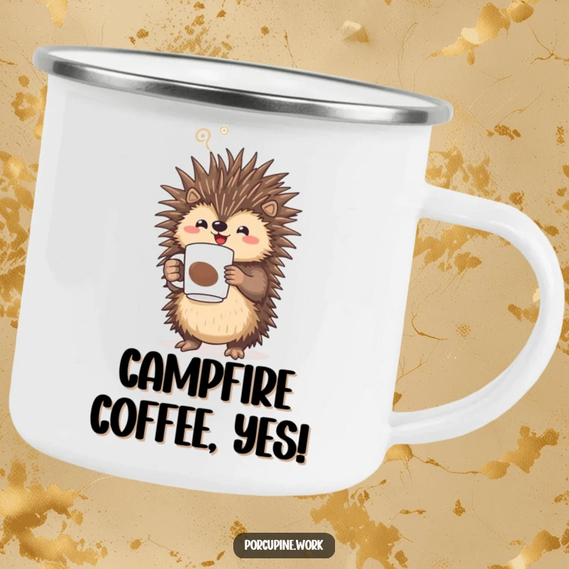Funny porcupine triumphantly holding a steaming coffee mug on a durable camping mug, ideal for outdoor coffee lovers.