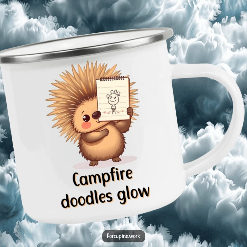 Funny Camping Mug showing a porcupine proudly holding a notepad with a doodle, ideal for humorous, artistic outdoor adventures.