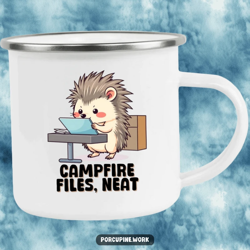 Funny Camping Mug with a porcupine efficiently sliding a file folder, bringing office humor to outdoor settings.