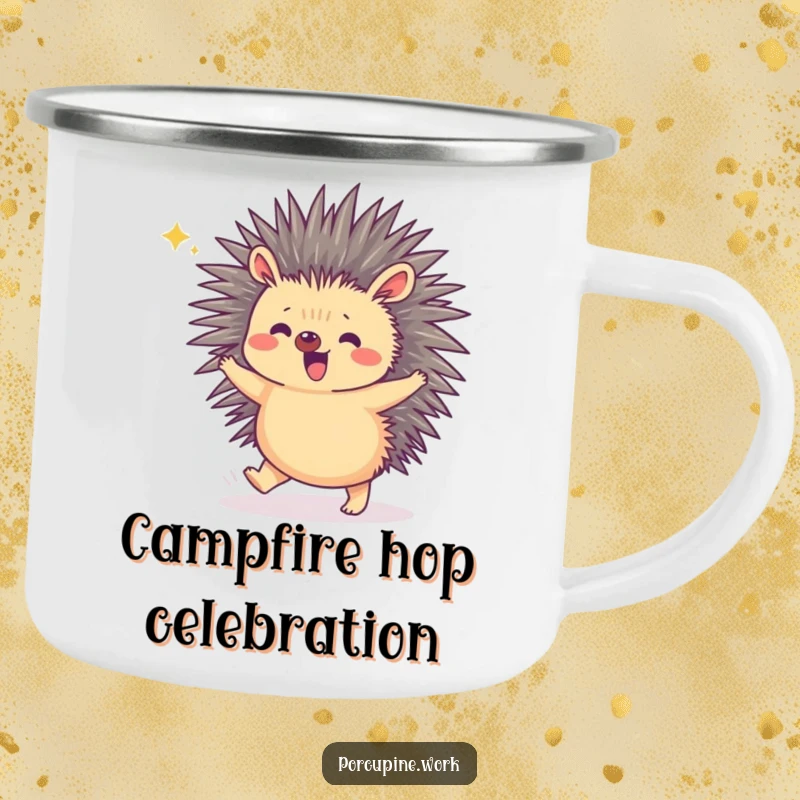 Funny camping mug with a porcupine doing a small hop to celebrate, combining outdoor utility with cheerful, humorous energy.