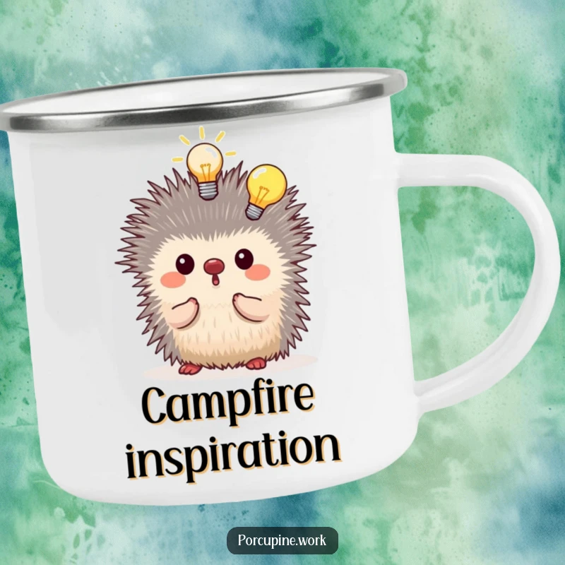 Funny porcupine having a lightbulb moment above its head, durable camping mug, symbolizing innovation in the outdoors.