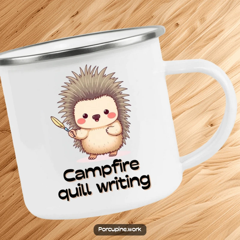 Funny porcupine offering a quill like a pen, on a rugged and humorous camping mug.