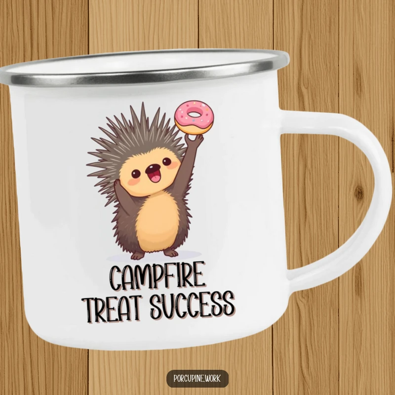 Funny camping mug featuring a porcupine holding a miniature donut aloft, celebrating victory during outdoor adventures with humor.