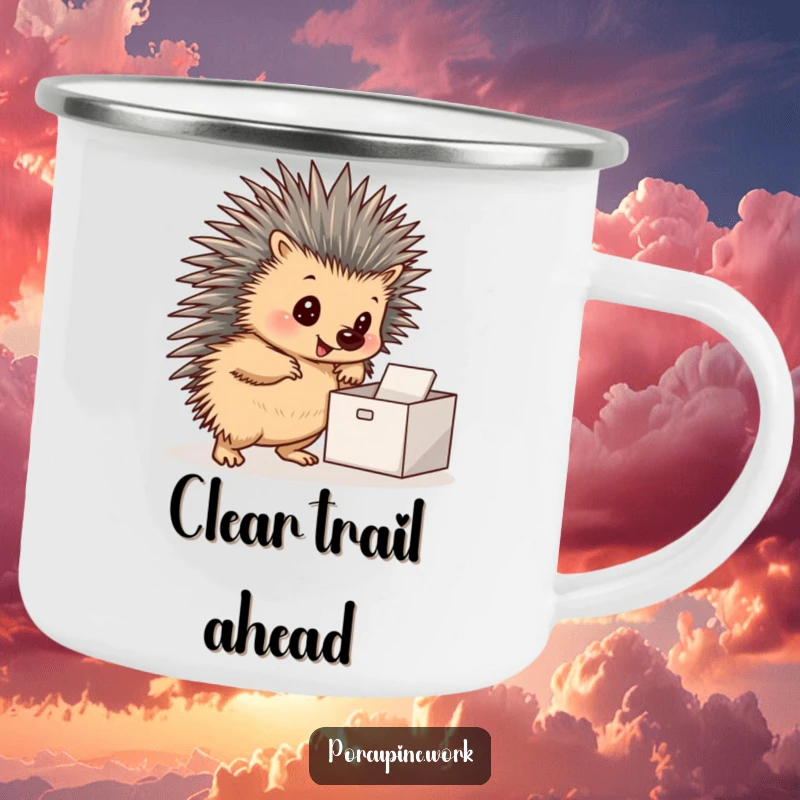 Funny camping mug with a porcupine posing by a neat inbox, ideal for organized outdoor enthusiasts.