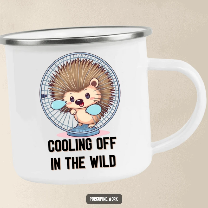 Funny camping mug with a porcupine peeking from behind a spinning office fan, ideal for outdoor humor.