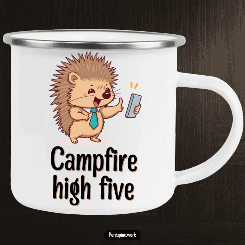 Funny camping mug with a porcupine in a tiny tie enthusiastically high-fiving, perfect for celebrating outdoor team achievements.