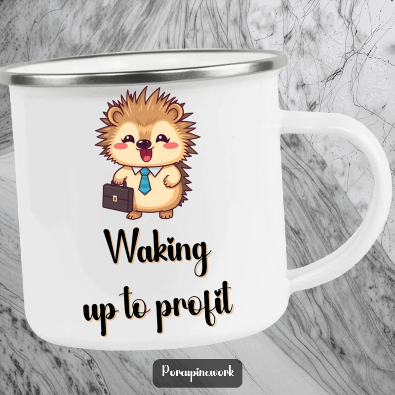 Funny business porcupine camping mug showing a tie-wearing porcupine with briefcase, ideal for outdoor or office beverages.