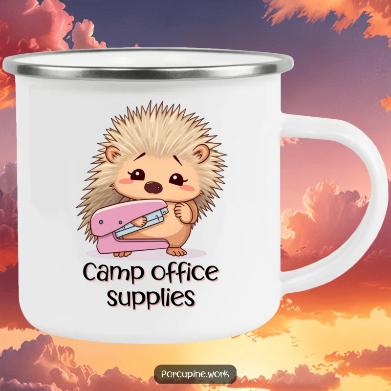 Funny porcupine looking confused at a stapler, on a rugged and humorous camping mug.