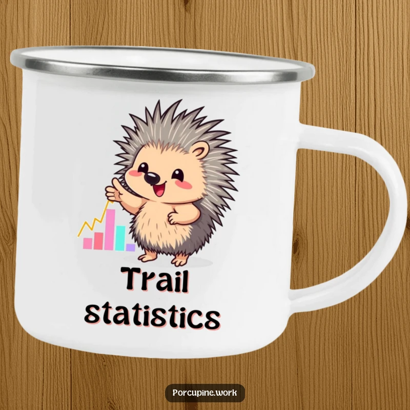 Funny camping mug showing a porcupine enthusiastically pointing at a colorful graph, ideal for analytical outdoor enthusiasts.