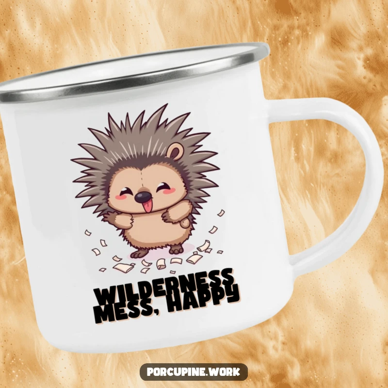 Funny messy porcupine camping mug showing a mischievous porcupine with quills out scattering paper scraps, for outdoor fun.