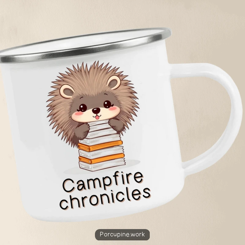 Funny camping mug showing a porcupine balancing papers on its quills, ideal for organized outdoor enthusiasts.