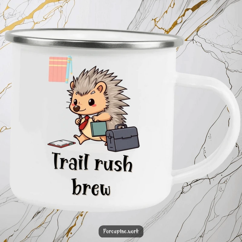 Funny porcupine with a briefcase happily scurries across a desk, symbolizing business on the go on this camping mug.