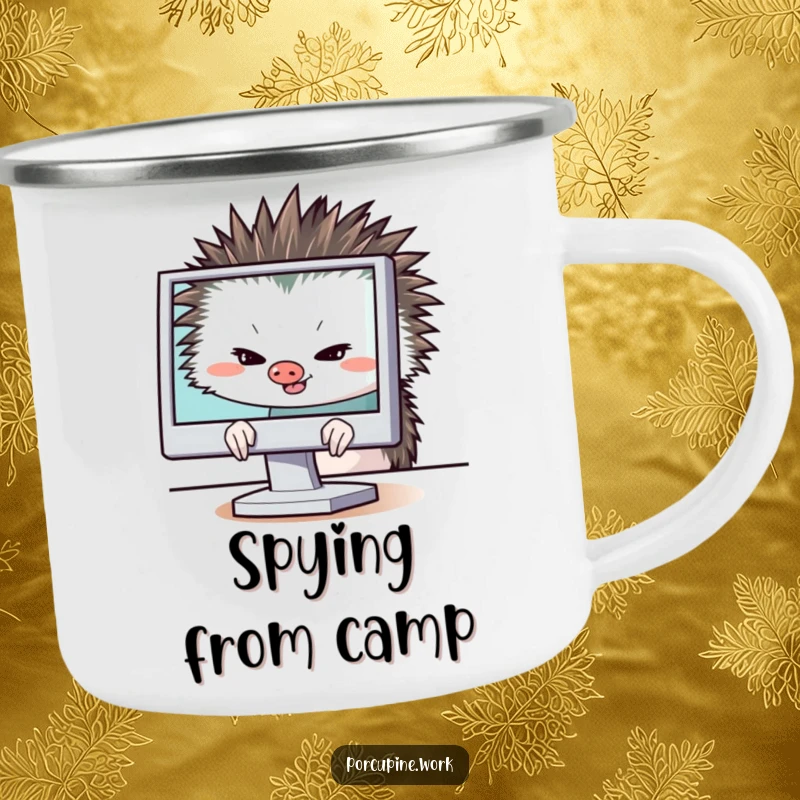 Funny porcupine hiding behind a computer monitor with a sly grin, durable camping mug, great for outdoor mischief.
