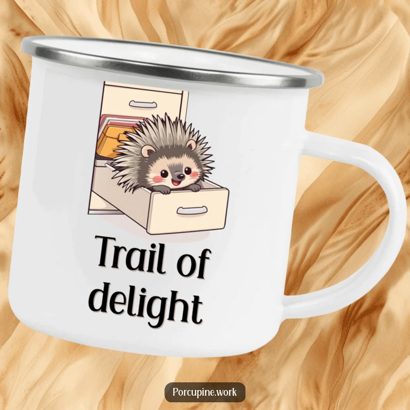 Funny camping mug showing a porcupine sliding with pure delight down a filing cabinet drawer, bringing office humor to the great outdoors.
