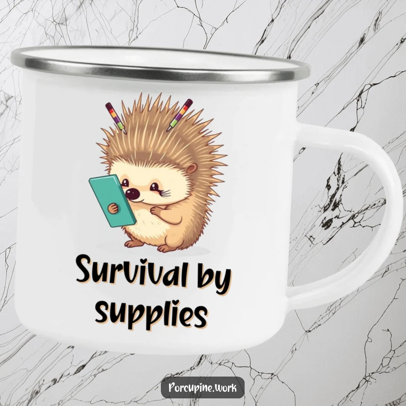 Funny porcupine carefully balancing office supplies on its quills, durable camping mug, great for outdoor work or relaxation.