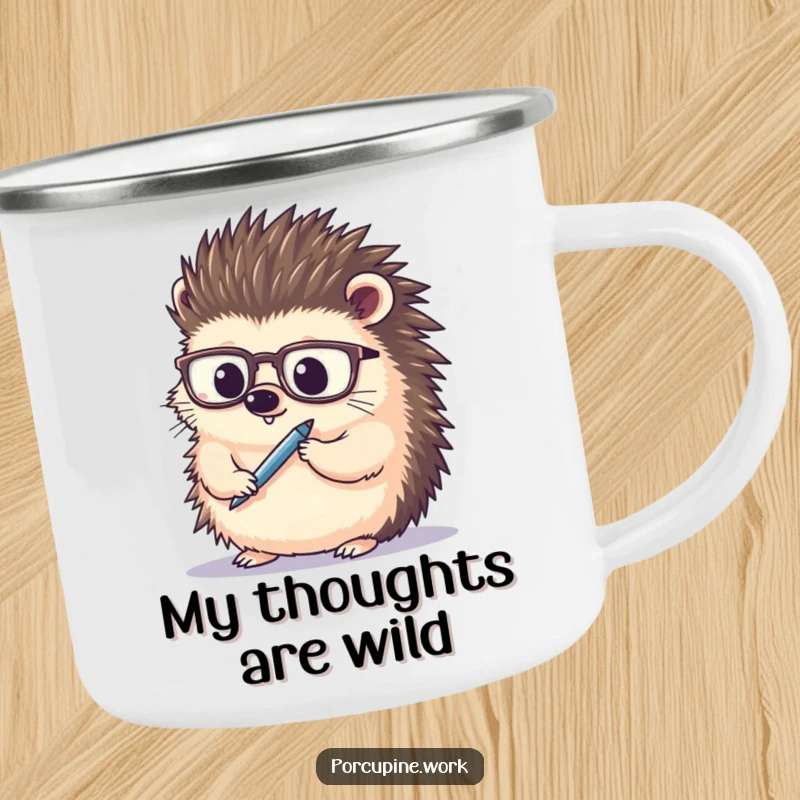 Funny porcupine wearing spectacles, thoughtfully holding a pen, durable camping mug, ideal for outdoor adventures.