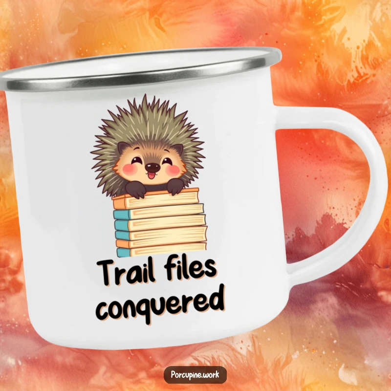 Funny porcupine peeking over a towering stack of files with amusement, a humorous and durable enamel camping mug.