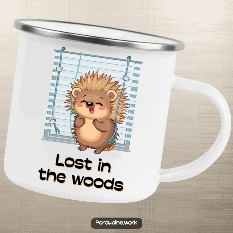 Funny porcupine comically tangled in blinds on a durable camping mug, ideal for embracing outdoor challenges.