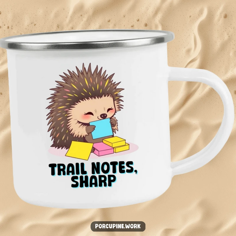 Funny Camping Mug showing a porcupine using quills to organize sticky notes, ideal for humorous outdoor enthusiasts.
