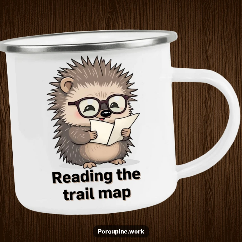 Funny camping mug with a porcupine wearing glasses reading a tiny document, combining intellectual humor with outdoor utility.