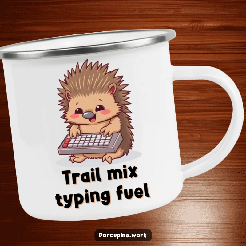 Funny porcupine camping mug showing a porcupine gleefully typing on a miniature keyboard, perfect for enjoying coffee by the campfire.