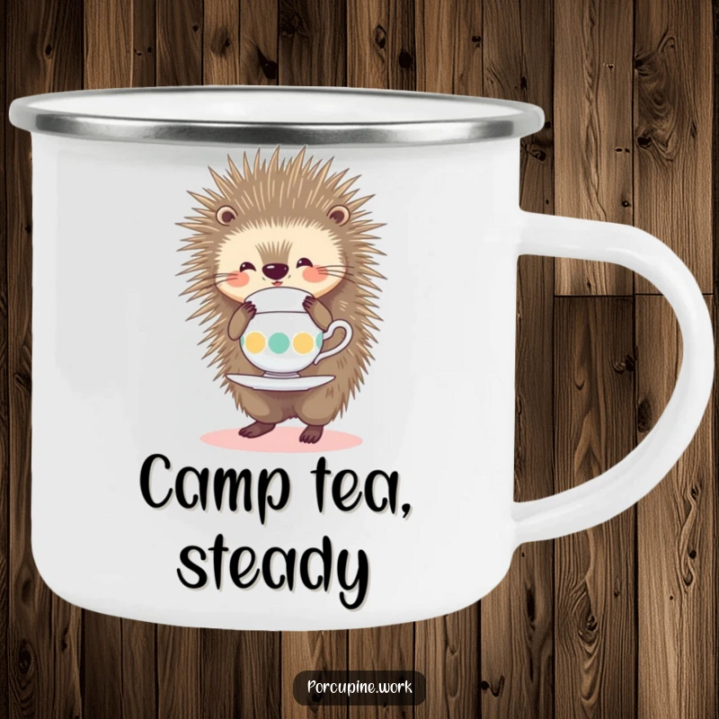 Funny Camping Mug showing a smiling porcupine balancing a teacup on its quills, ideal for humorous outdoor tea enthusiasts.