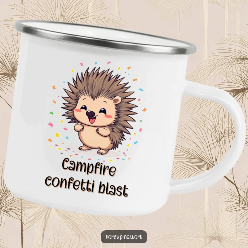 Funny porcupine confetti camping mug showing a porcupine gleefully scattering colorful confetti, perfect for enjoying drinks outdoors in festive style.