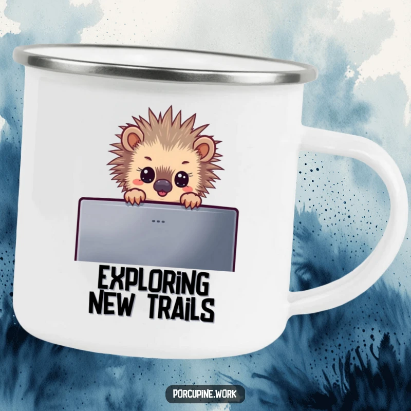 Funny camping mug featuring a porcupine peeking over a monitor, durable and portable for outdoor adventures with a humorous twist.