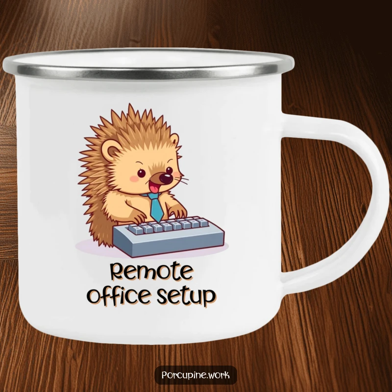Funny camping mug featuring a porcupine in a tiny tie, typing enthusiastically on a keyboard, great for office or outdoors.