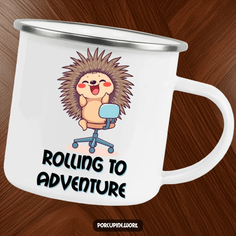 Funny camping mug with a porcupine joyfully riding an office chair, designed for fun adventures and spirited journeys.