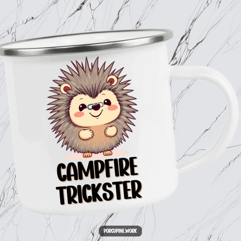 Funny camping mug featuring a porcupine balancing a paperclip on its nose, perfect for hot beverages during adventures or work breaks.