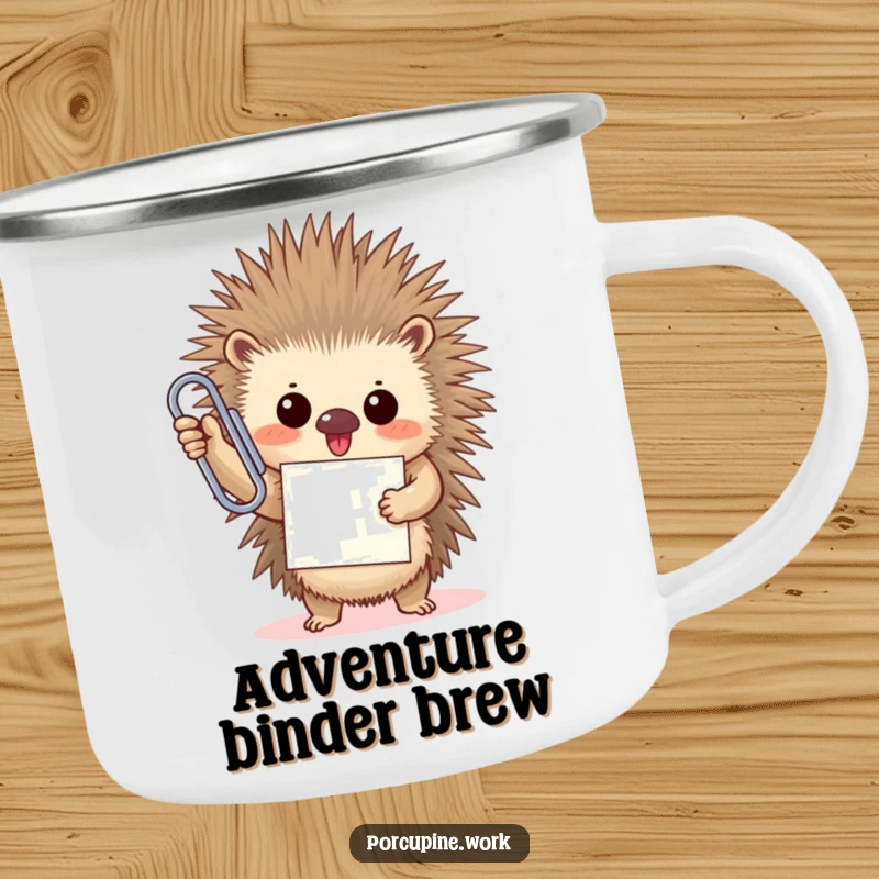 Funny porcupine triumphantly holds an oversized paperclip with a proud smile, symbolizing victory on this camping mug.