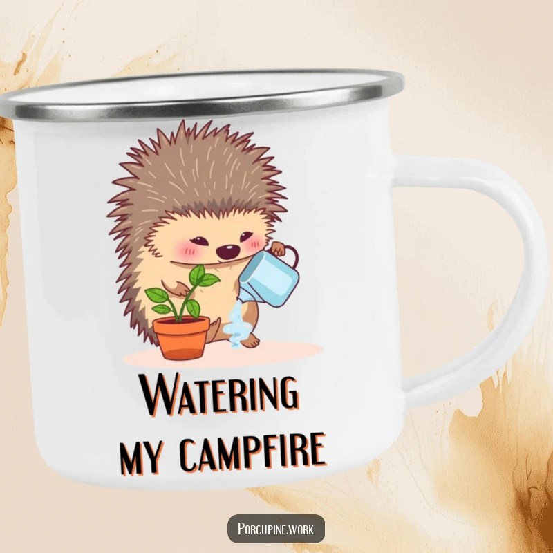 Funny camping mug featuring a porcupine enthusiastically watering a tiny desk plant, perfect for hot beverages during outdoor adventures or office breaks.