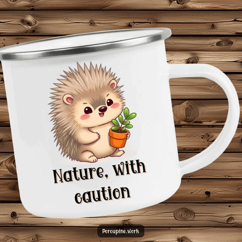 Funny Camping Mug: A porcupine offers a miniature potted plant with a gentle smile, perfect for outdoor sips and smiles.