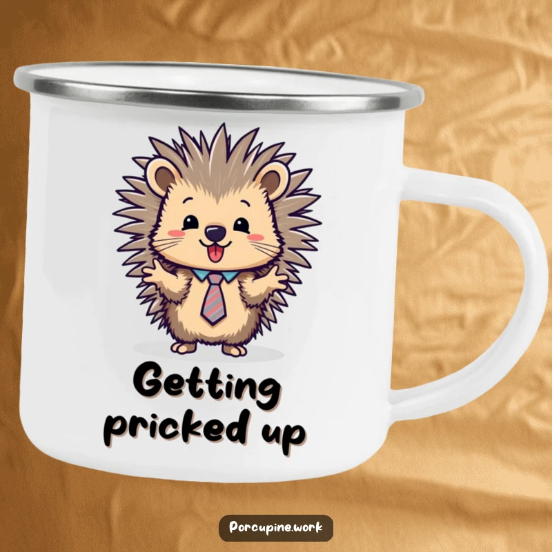 Funny porcupine in a tie presenting outdoors; this durable camping mug brings humor to any setting.