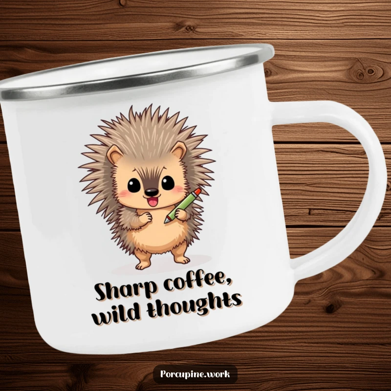 Funny porcupine camping mug, a happy animal dancing with a pen, durable for outdoor use, enamel finish.