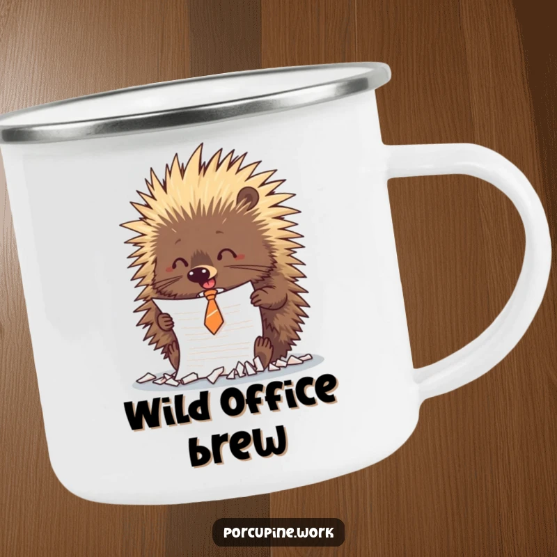 Funny porcupine in a small tie playfully shreds a document, embodying office rebellion on this durable camping mug.