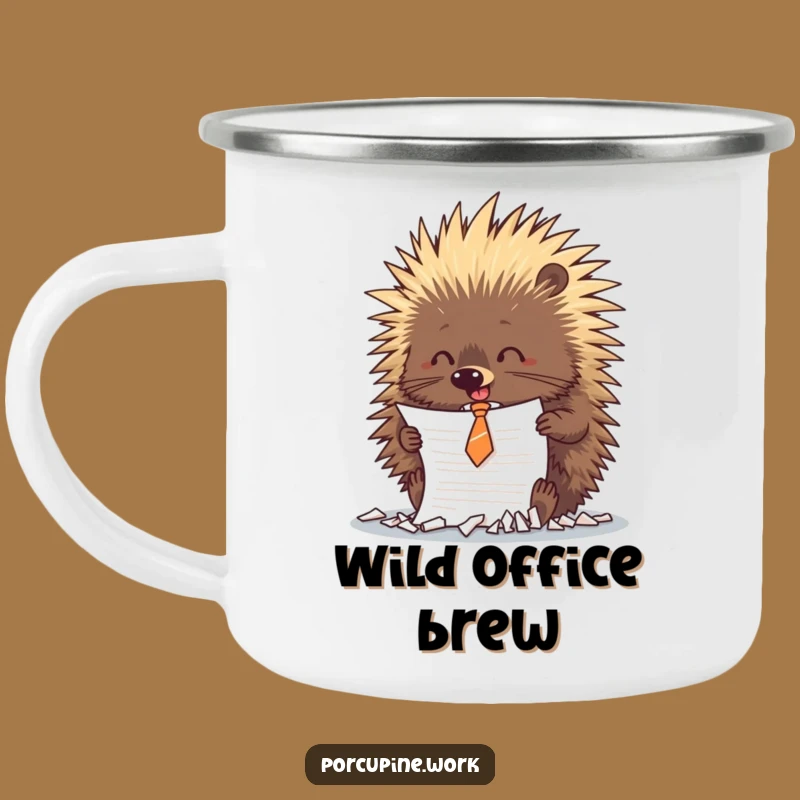Funny Porcupine Shredding Camping Mug: Tie-Wearing Rebel, Hilarious Outdoor Gift!