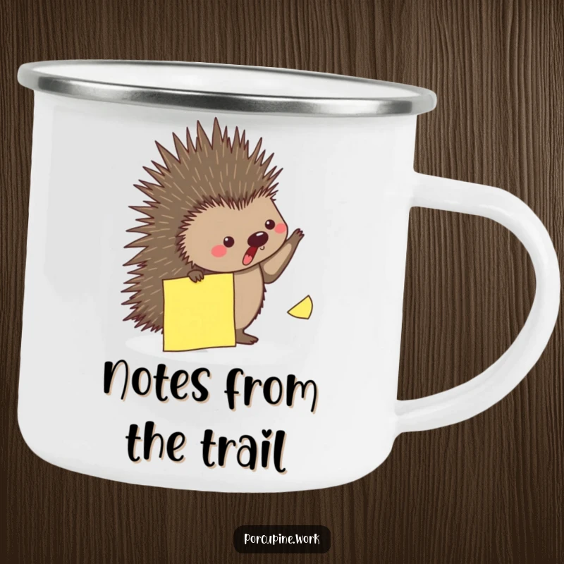 Funny camping mug with a porcupine playfully dodging a falling sticky note, ideal for outdoor humor.