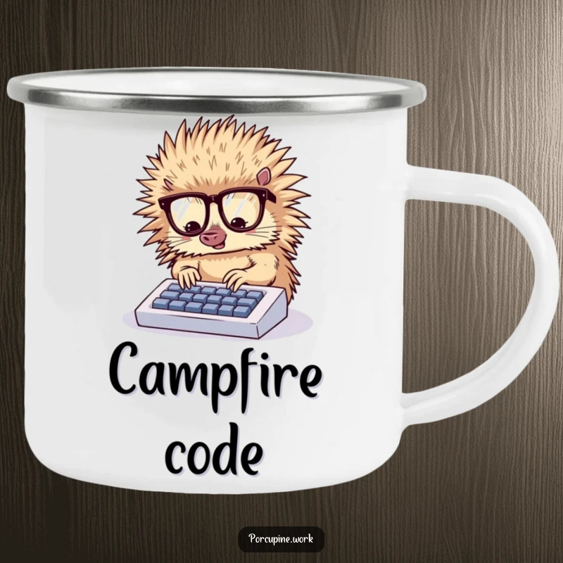 Funny camping mug showing a porcupine with glasses typing energetically on a small keyboard, ideal for focused individuals.